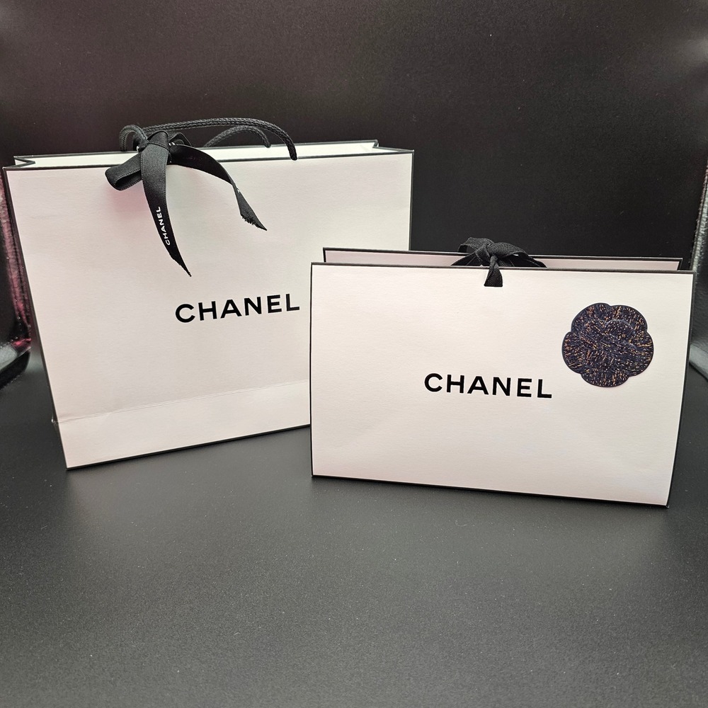 Chanel Shopping Bags Set Of Two White Black Ribbon Camellia Logo